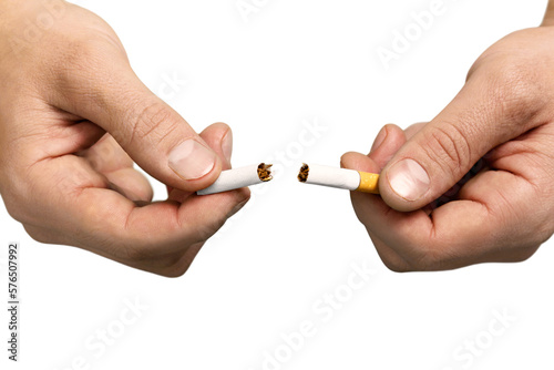 Hands breaking cigarette isolated on white background