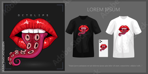 T-shirt design featuring lips with tentacle tongue, complete with mockup.