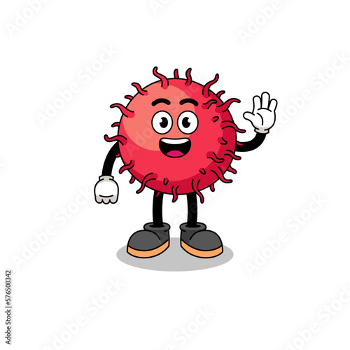 rambutan fruit cartoon doing wave hand gesture