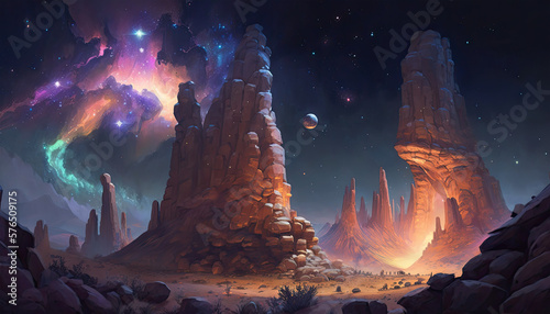 An otherworldly landscape with strange rock formations, colorful geysers, and a vast, starry sky, evoking a sense of mystery and awe, sky, night, fire, landscape, sunset, moon, sun, fantasy, planet,