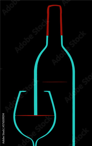 A wine bottle and wine glass are seen in a rim light that also highlights the red wine in the glass and bottle in this vector illustration.