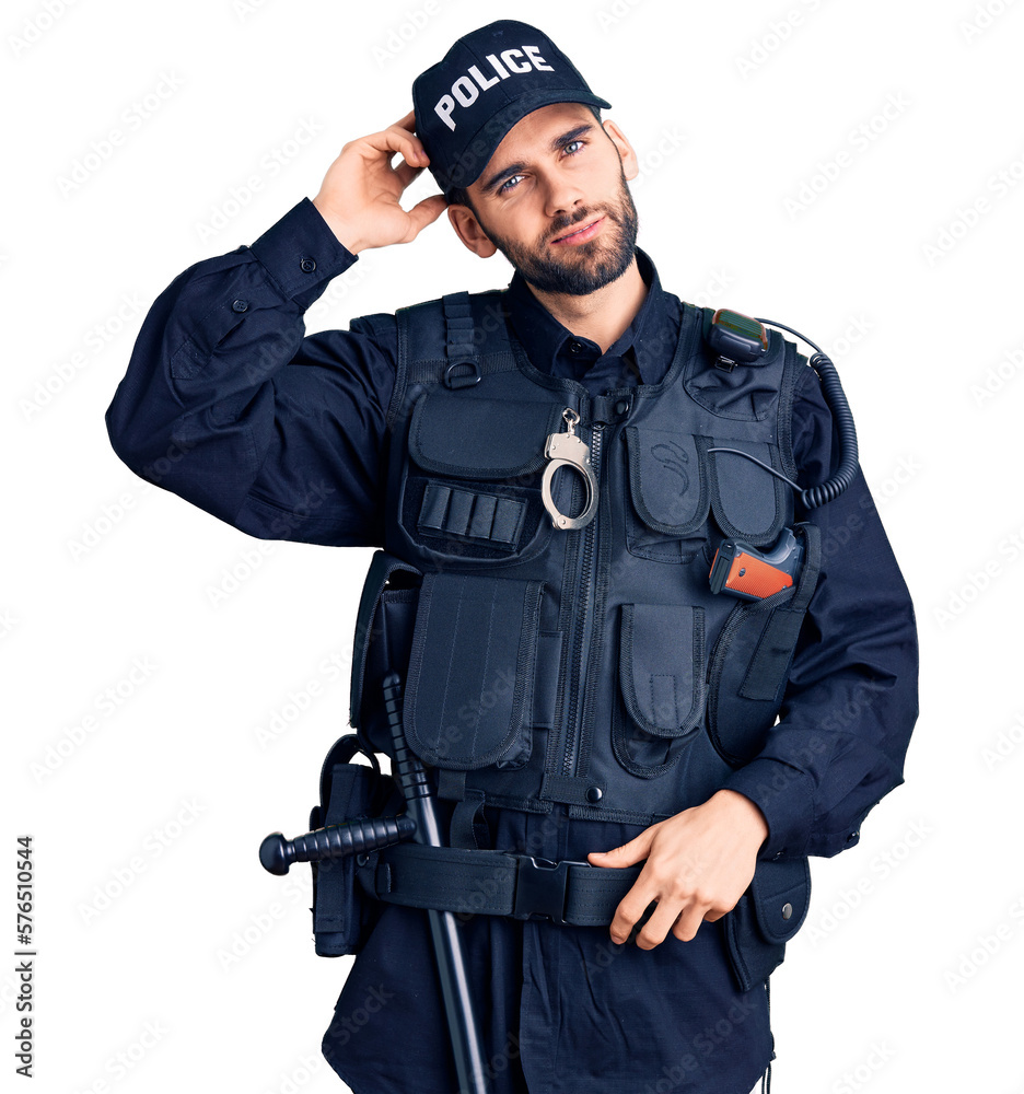 Young handsome man with beard wearing police uniform confuse and wonder about question. uncertain with doubt, thinking with hand on head. pensive concept. Young handsome man with beard wearing police uniform confuse and wonder about question. uncertain with doubt, thinking with hand on head. pensive concept.
