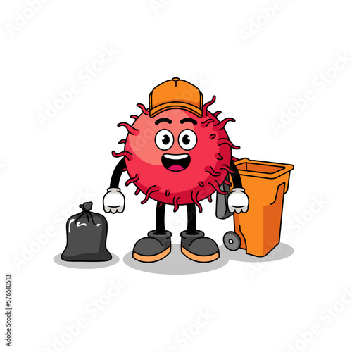 Illustration of rambutan fruit cartoon as a garbage collector
