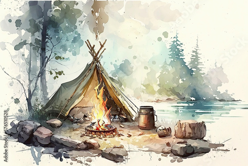 Colorful camp with tent and campfire by lake watercolor artistic created with Generative AI technology