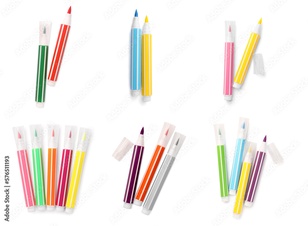 Fototapeta premium Collage of many colorful felt tip pens on white background, top view