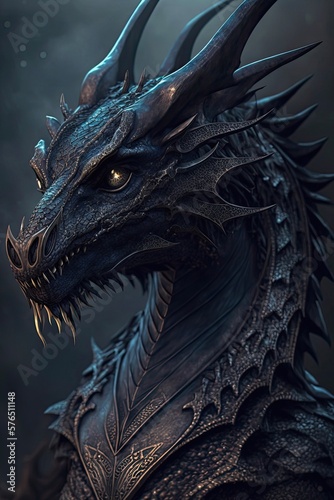 Gothic dark illustration of a black dragon. Generative AI art. © Hanna