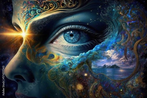 Surreal psychedelic image of woman Psychic waves generative ai