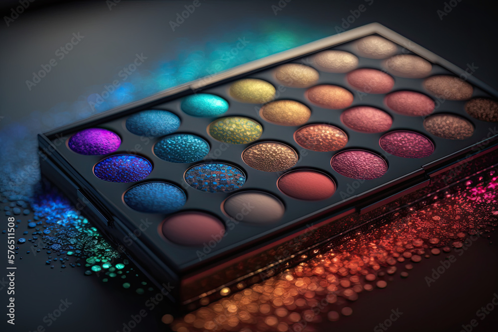 a beautiful and modern makeup palette with bright and colorful colors, on top of a modern counter with LEDs. a beautiful and modern makeup palette with bright and colorful colors, on top of a modern counter with LEDs.
