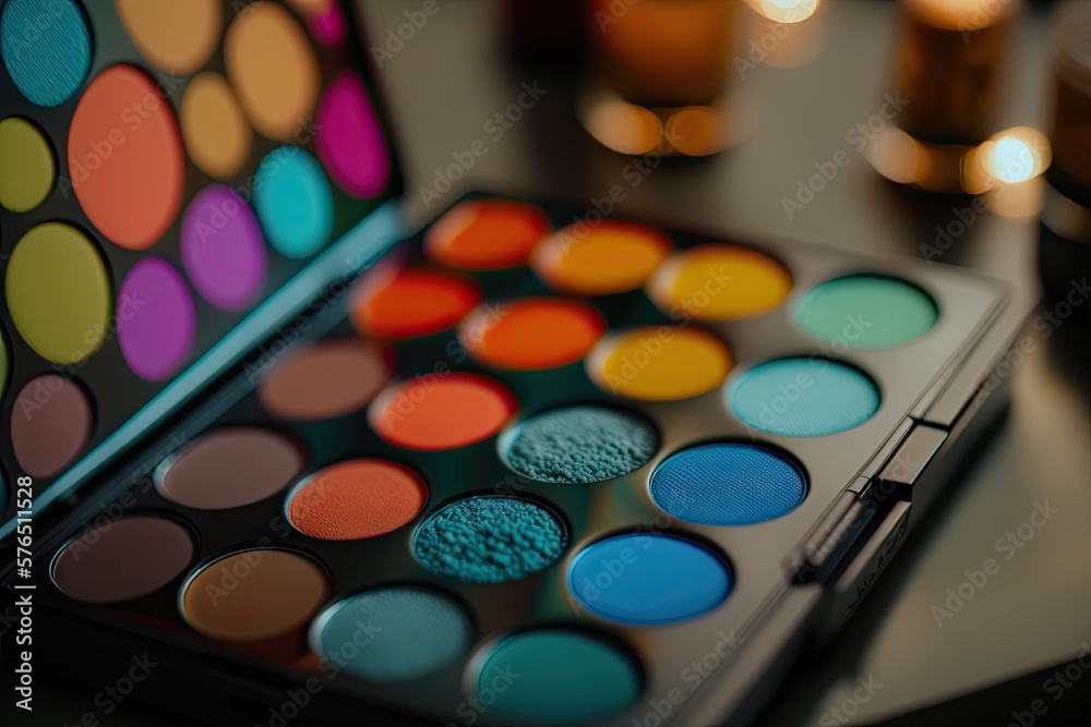 a beautiful and modern makeup palette with bright and colorful colors, on top of a modern counter with LEDs.