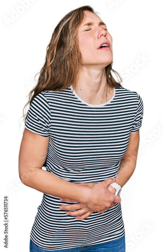 Young blonde woman wearing casual clothes with hand on stomach because nausea, painful disease feeling unwell. ache concept.