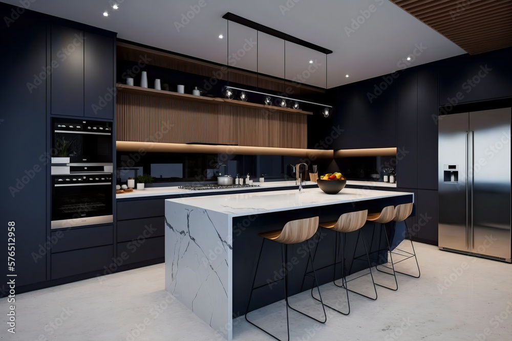 a modern kitchen with a sleek and sophisticated design. The dark blue