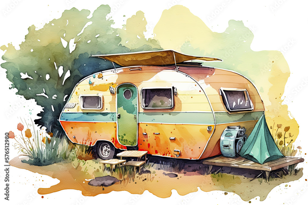 watercolor illustration of a colorful camper in the woods created with ...