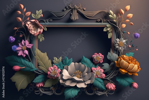 Spring flat lay, flowers, roses, empty frame, Generative AI