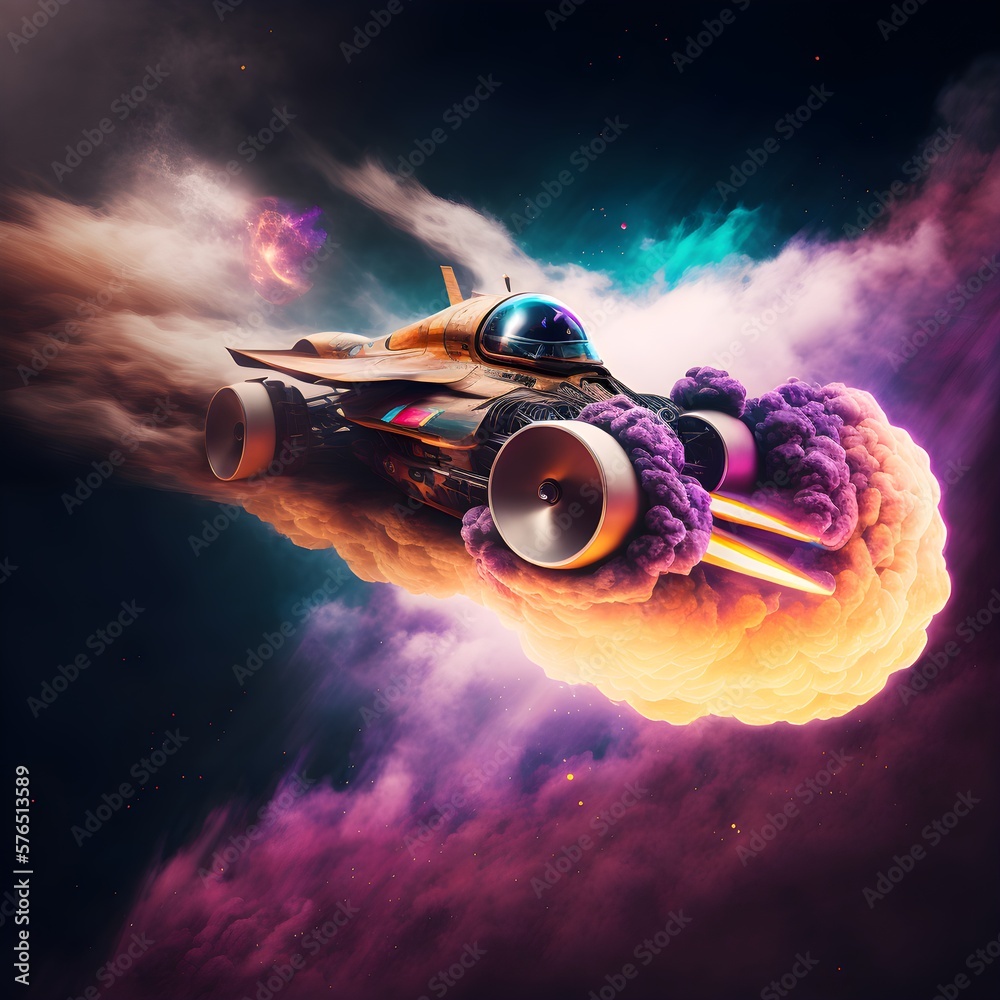 flying drag race car flying in space bacground with other