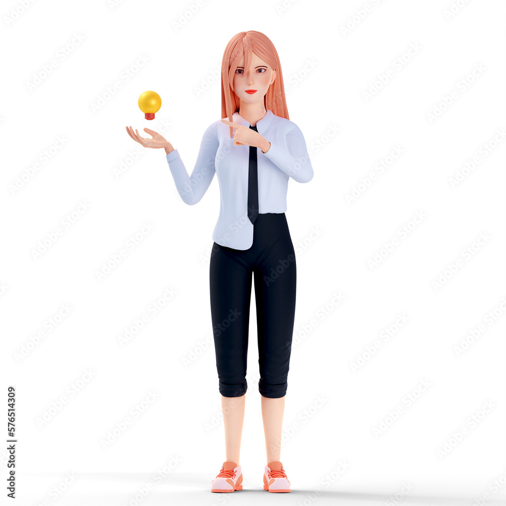 3D Illustration school girl got idea and show lamp of idea 3D Illustration school girl got idea and show lamp of idea