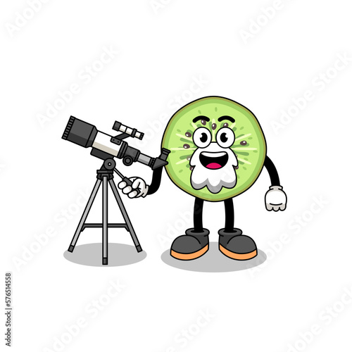 Illustration of sliced kiwifruit mascot as an astronomer