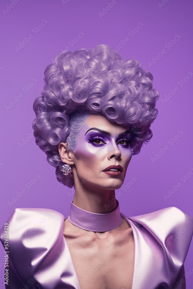 Beautiful drag queen studio shot over purple background. Generative AI
