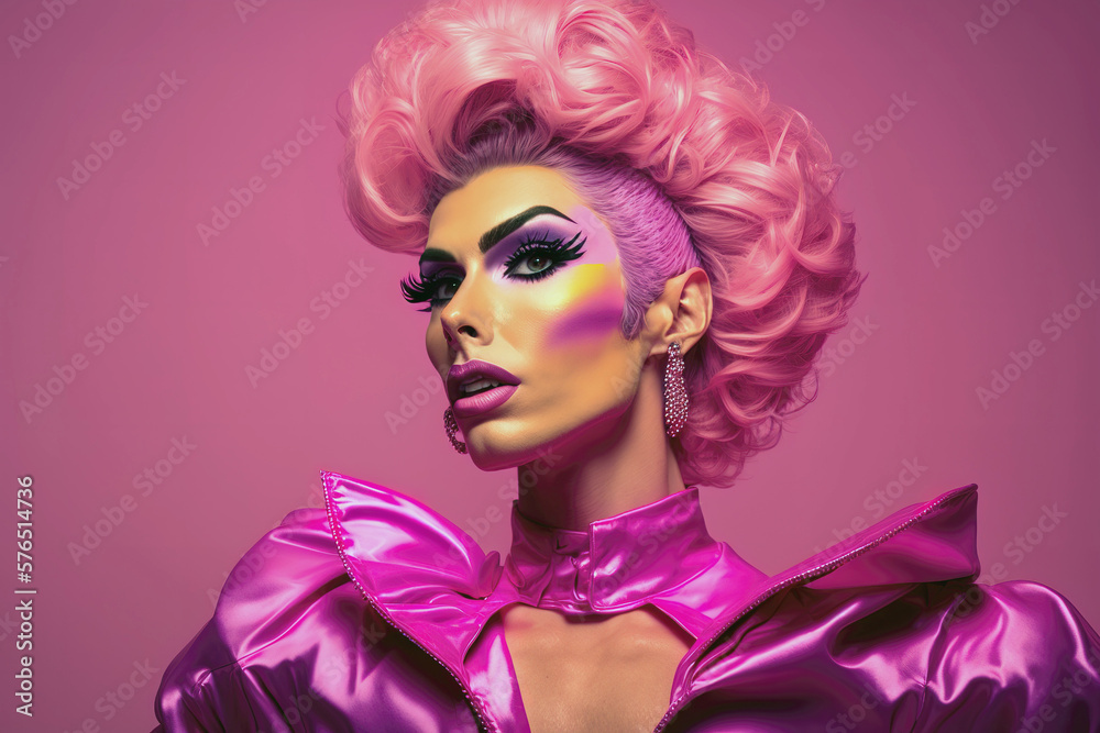 Drag queen with pink outfit over pink background. Generative AI