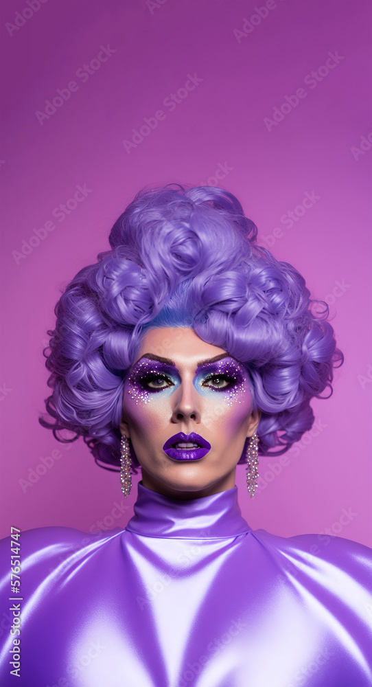 Photo shoot of amazing drag queen with purple outfit over purple background. Generative AI vertical