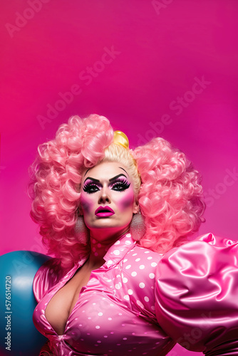 Drag queen performer over pink background. Vertical Generative AI