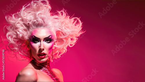 Amazing make up on drag queen over pink background with copy space. Generative AI
