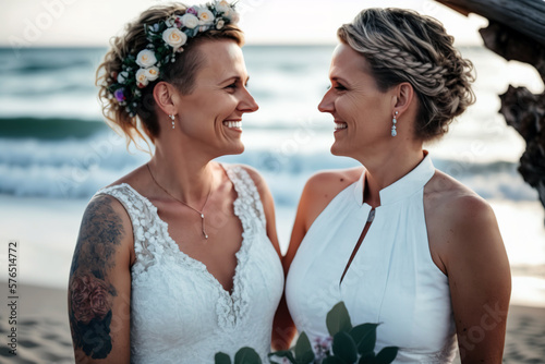 Happy lesbian couple just married at the beach. Generative AI