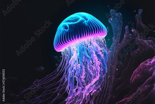 Glowing jellyfish in the sea, Generative AI