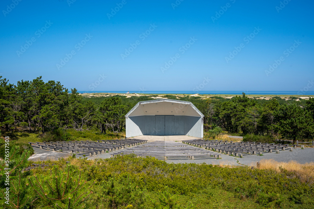 Amphitheater in forest ocean background