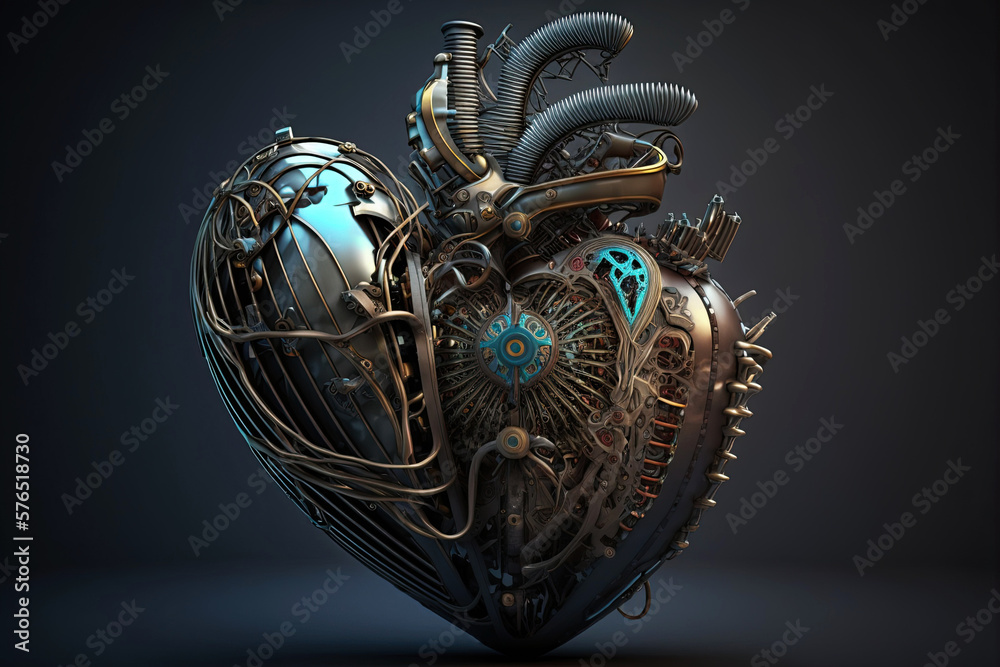 mechanical metal anatomical heart of cyborg robot. Art concept. Generative AI mechanical metal anatomical heart of cyborg robot. Art concept. Generative AI