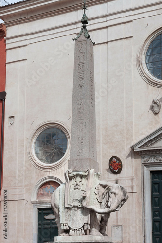 Obelisk in Piazza della Rotonda with hierogyphs   erected over Bernini's sculpture fronting Santa Maria sopra Minerva Church. Rome, Italy photo