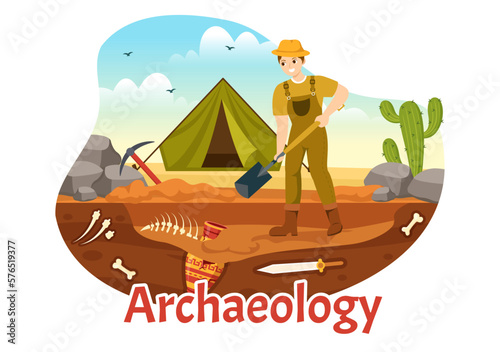 Archeology Illustration with Archaeological Excavation of ancient Ruins, Artifacts and Dinosaurs Fossil in Flat Cartoon Hand Drawn Templates