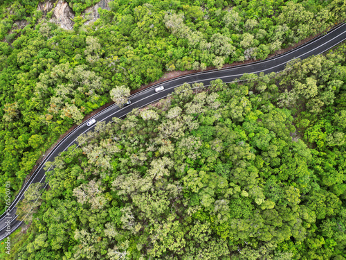 Fototapeta Naklejka Na Ścianę i Meble -  bird view drone shot road in green forest
