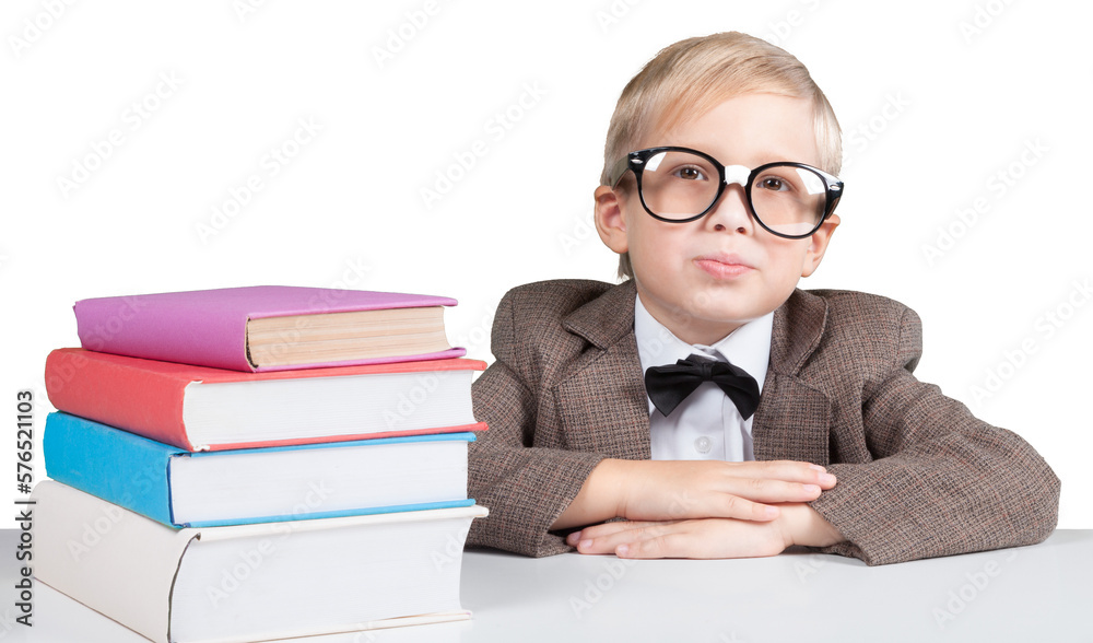 Young boy in glasses and books isolated on white background Young boy in glasses and books isolated on white background