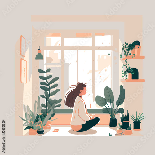 woman sitting meditating with plants around her, minimalist style vector illustration