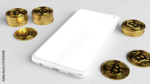 White cell phone mockup for title apps and websites. White background with gold coins.