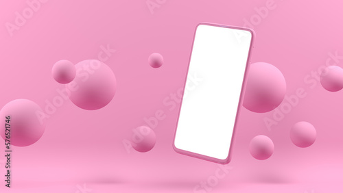 Pink cell phone mockup floating for applications and websites. Pink background and floating balls.