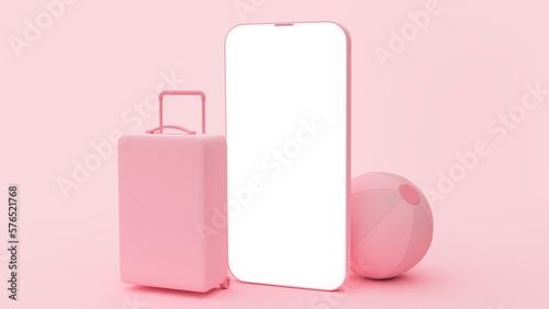 Pink cell phone mockup for travel apps and websites. Pink background with bag and ball.