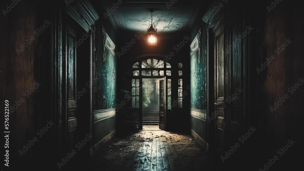 The camera slowly moves down a long, dimly lit corridor in an old house