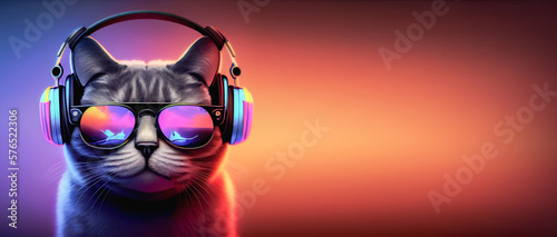 a cool cat with glasses and a microphone and headphones sings songs and listens to music on neon orange blue background copyspace ai