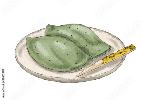 皿にのせたよもぎ餅のイラスト（水彩風）