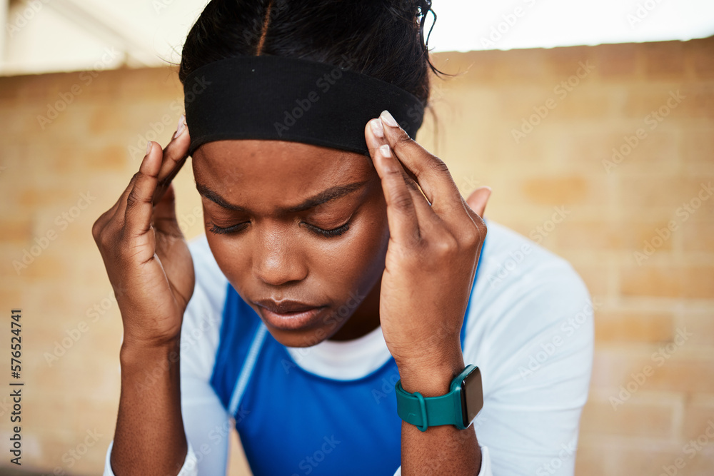 Fitness, headache and black woman in pain during run, exercise or