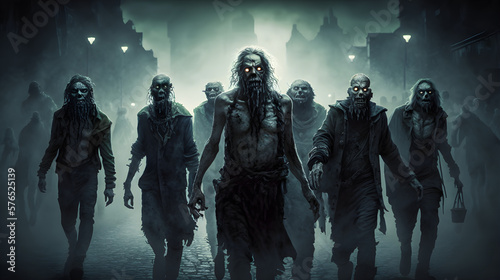 A zombie horde in the destroyed ruins of a city after a zombie apocalypse outbreak  generated by ai