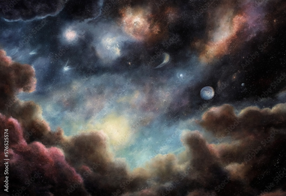 Detailed landscape painting of galactic outer space featuring stars, comets, moons, planets, and nebula gas. Digital painting.	
