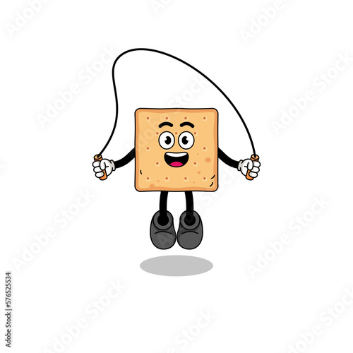 square cracker mascot cartoon is playing skipping rope
