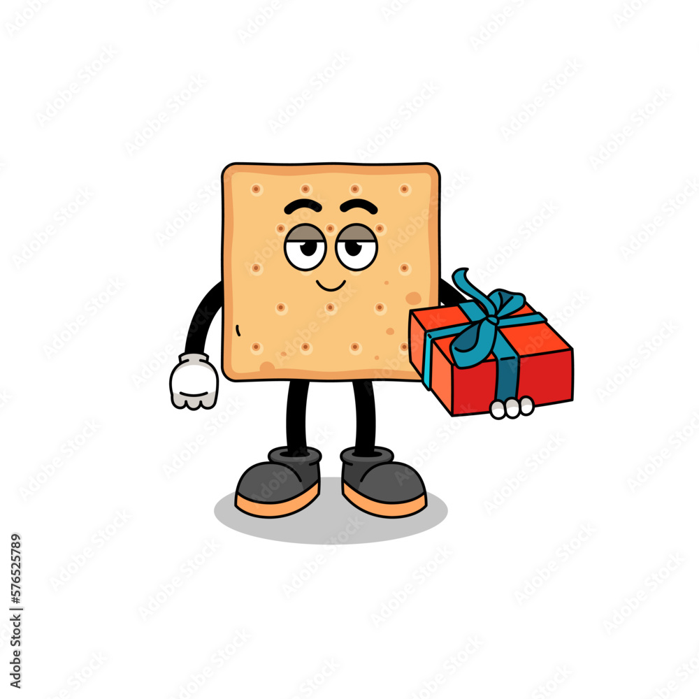Naklejka premium square cracker mascot illustration giving a gift