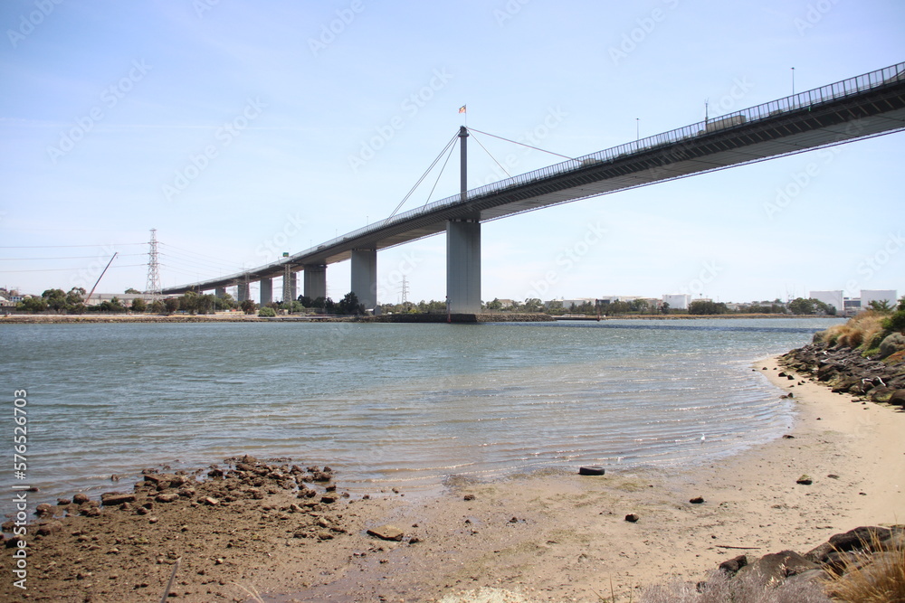 Westgate Bridge spanning the mouth of the Yarra River, Melbourne, Victoria, Australia.