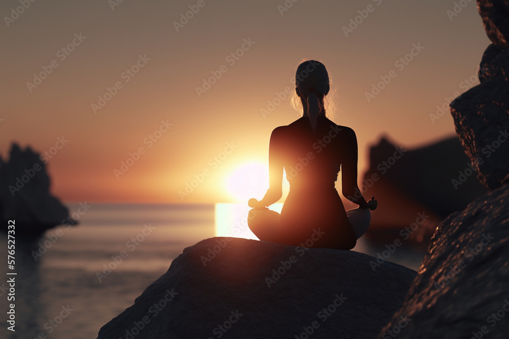Young woman practicing yoga near the sea at sunset. Harmony and meditation concept. Healthy lifestyle, self care, relaxation, mindfulness concept Generative AI
