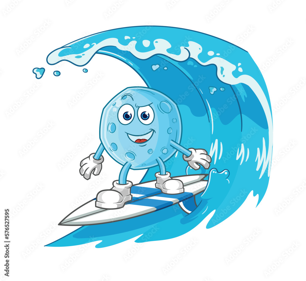 Fototapeta premium blue moon surfing character. cartoon mascot vector