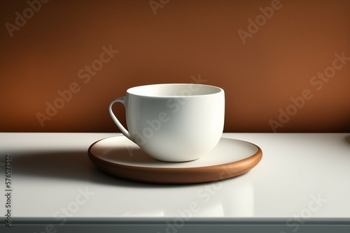 White coffee mug on the top of a desk, empty cup isolated for design, generative Ai