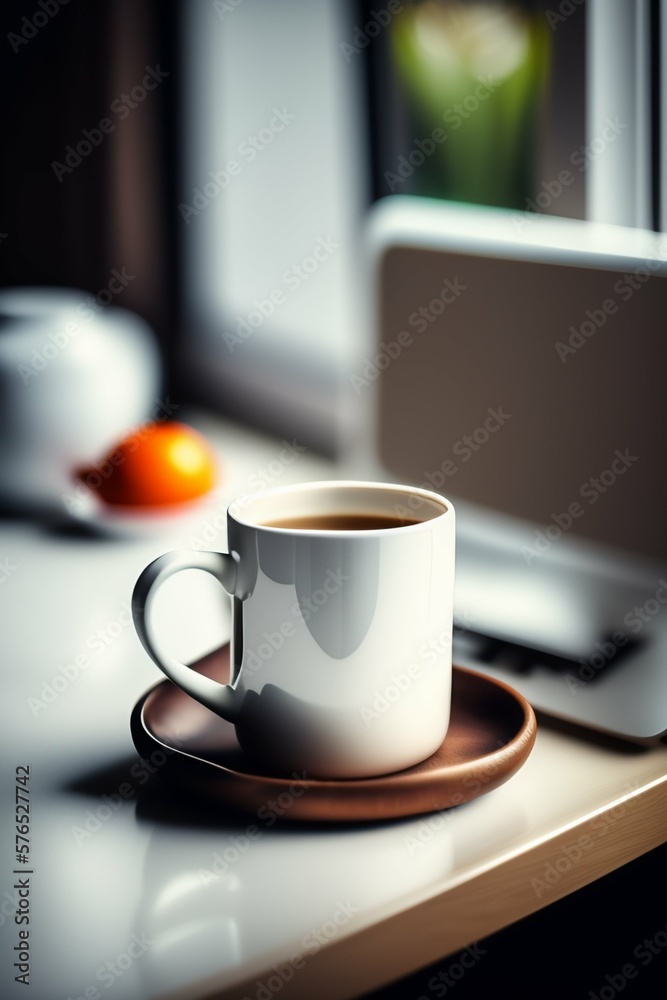 White coffee mug on the top of a desk, empty cup isolated for design, generative Ai White coffee mug on the top of a desk, empty cup isolated for design, generative Ai